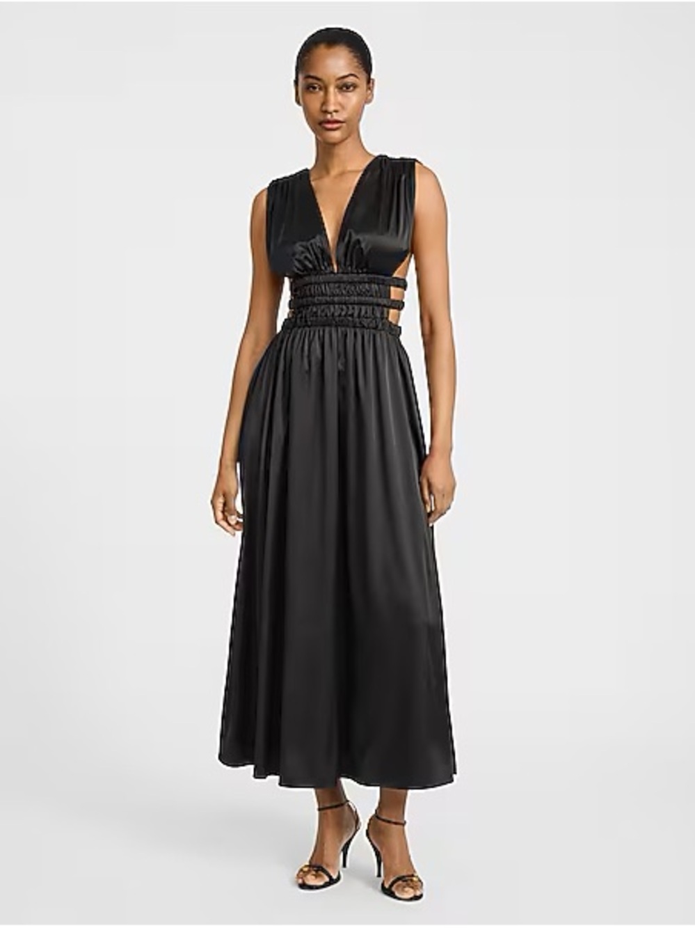 Express Satin Strappy Pleated V-Neck Sleeveless Cutout Maxi Dress